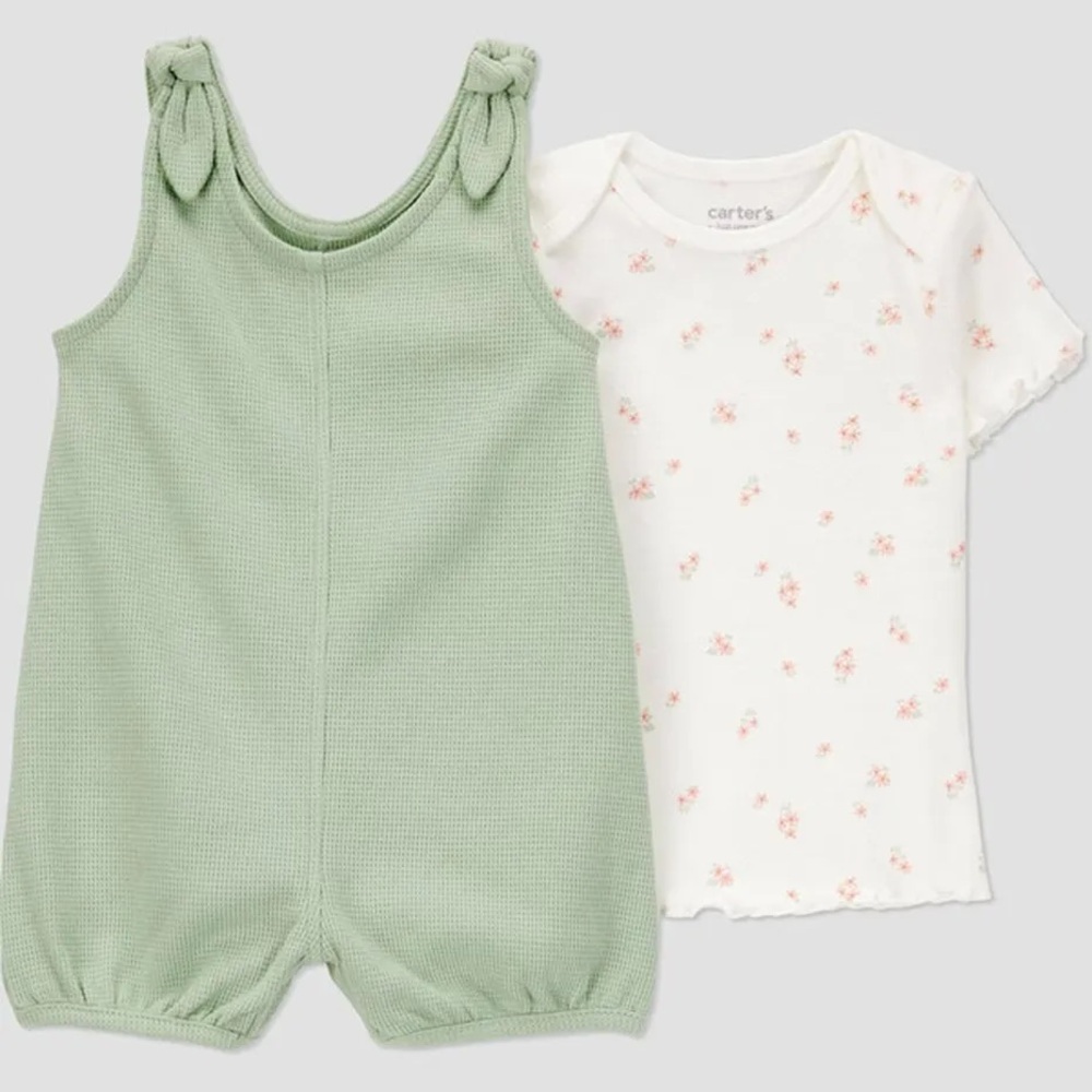 Carter’s Green Baby Romper with White Floral Shirt - Picture 2 of 3
